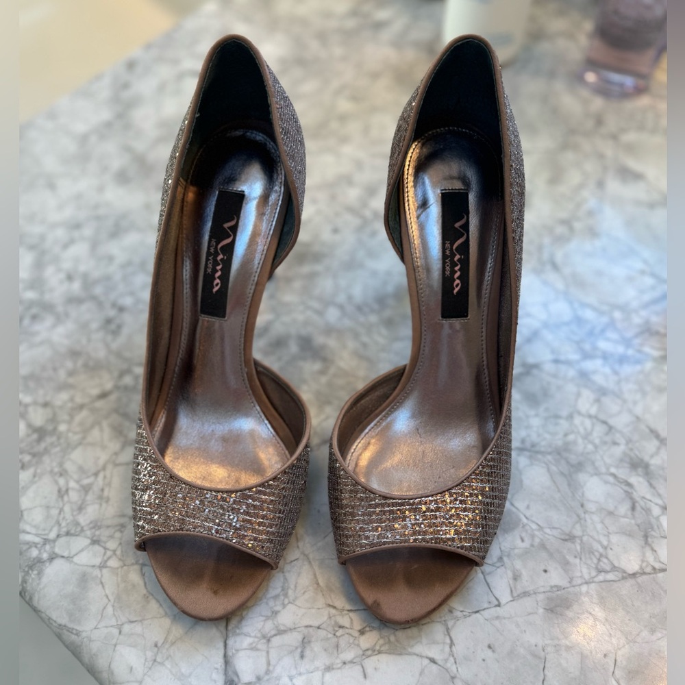 Nina bronze chocolate 3” Peep-Toe glitter Women's heels 8.5